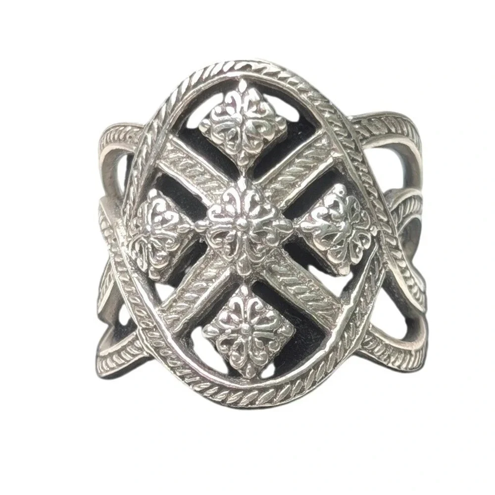 Sarda Sterling Silver 925 Ornate Openwork Cross Shield Statement‎ Ring Size 7